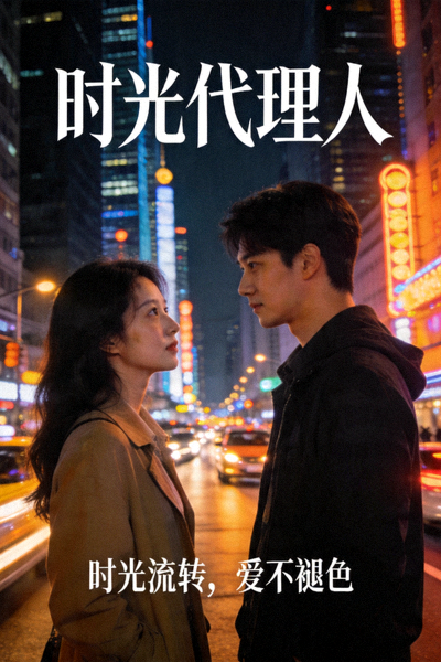 现代都市爱情剧《时光代理人》海报，两位主角在都市夜景中对视